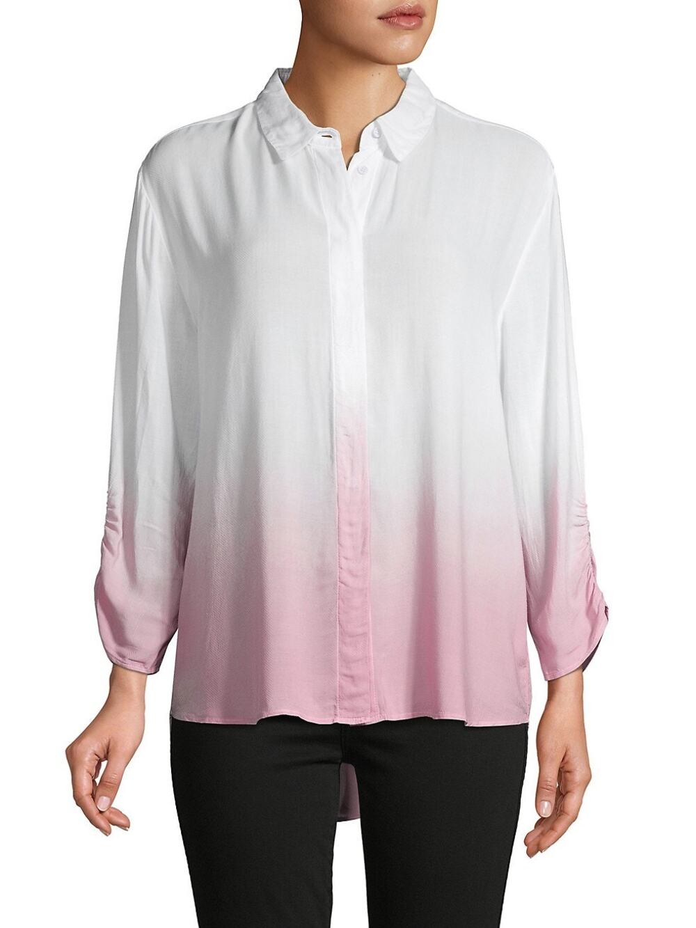 New BB DAKOTA Ombre Ruched High Low Button Down Long Sleeve Shirt | XS